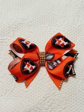 Handmade Astros Houston-Themed Orange Kids Hair Bow with Rhinestones